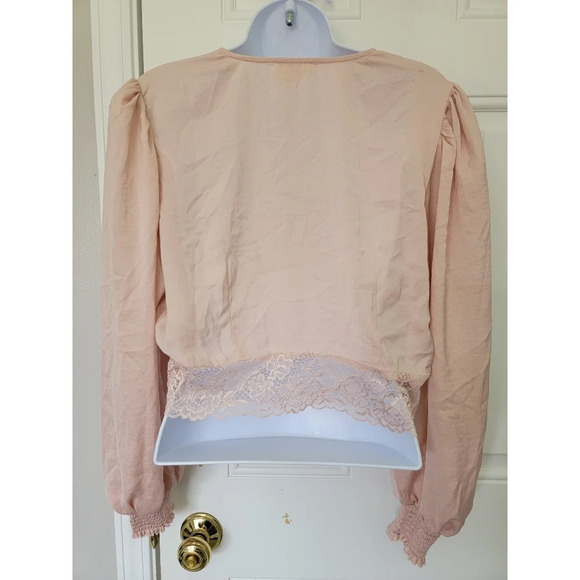 Open Edit Blush Pink Long Sleeve Satin Crop Top Ruched Buttons Victorian Size M - Picture 4 of 10